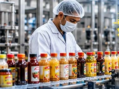 Worker in hairnet and coat at a food bottling line