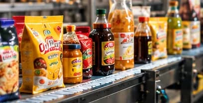 Packaged food products on a factory conveyor line